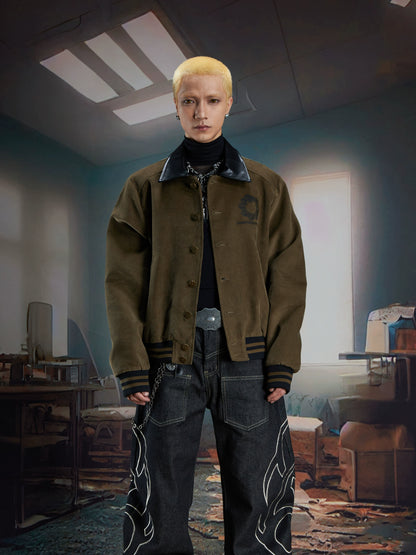 Embroidery Corduroy PU Leather-Collar Jacket WN21351