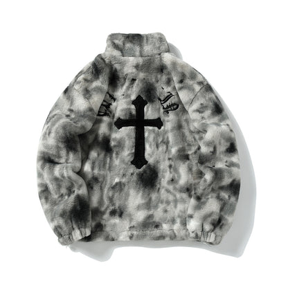 Gradient Tie-Dye Cross Embroidery Fake Rabbit Fur Puffer Jacket WN11005