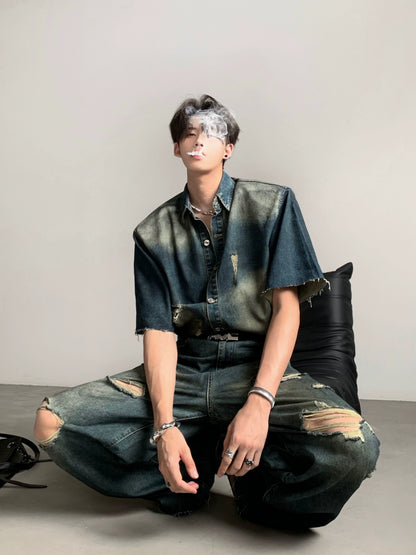 Washed Damage Wide Leg Denim Jeans & Denim Jacket Setup WN20087