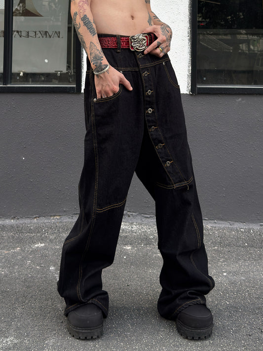 Multi Button Raw Denim Wide Leg Denim Jeans WN23022