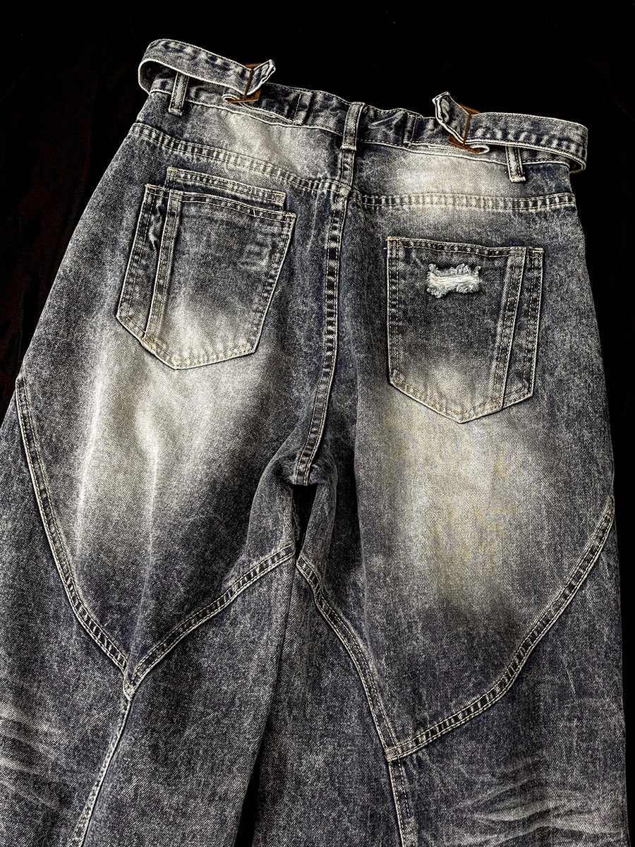 Washed Damage Splice Wide Leg Denim Jeans WN25742