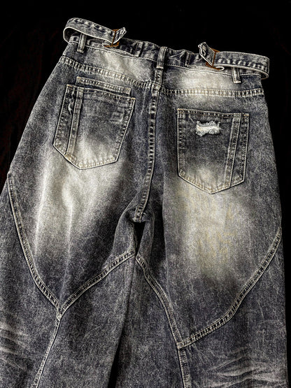 Washed Damage Splice Wide Leg Denim Jeans WN25742