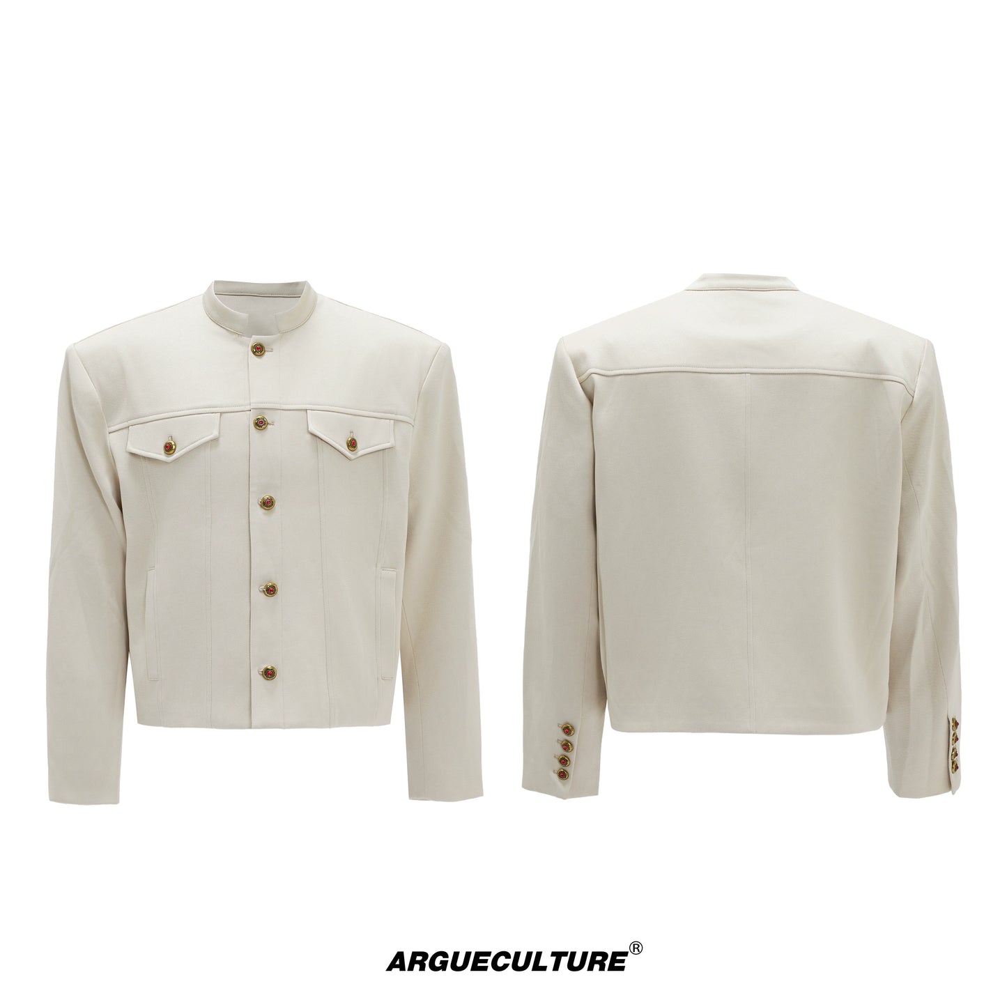 Fur Collar Gem Button Standing-Collar Short Jacket & Trousers Setup WN21733