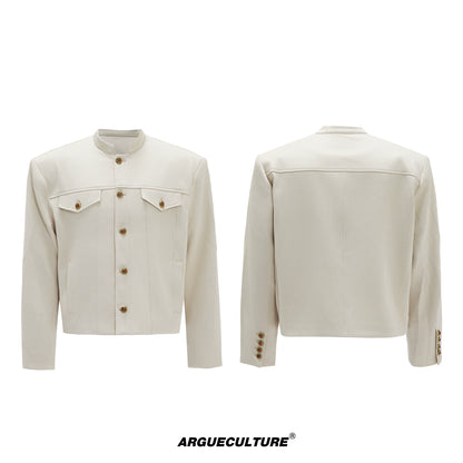 Fur Collar Gem Button Standing-Collar Short Jacket & Trousers Setup WN21733