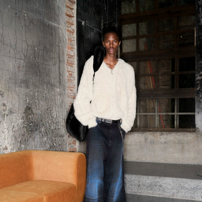 Oversize Zipper Fake Fur Short Knit Hoodie WN21319