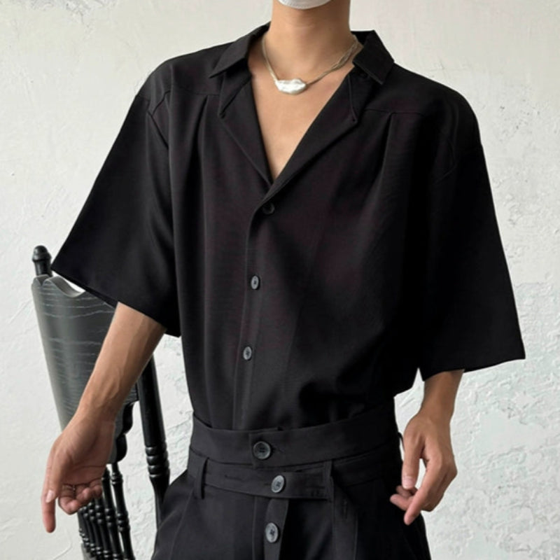 Cuban Collar Pleats Structured Short Sleeve Shirt WN19989