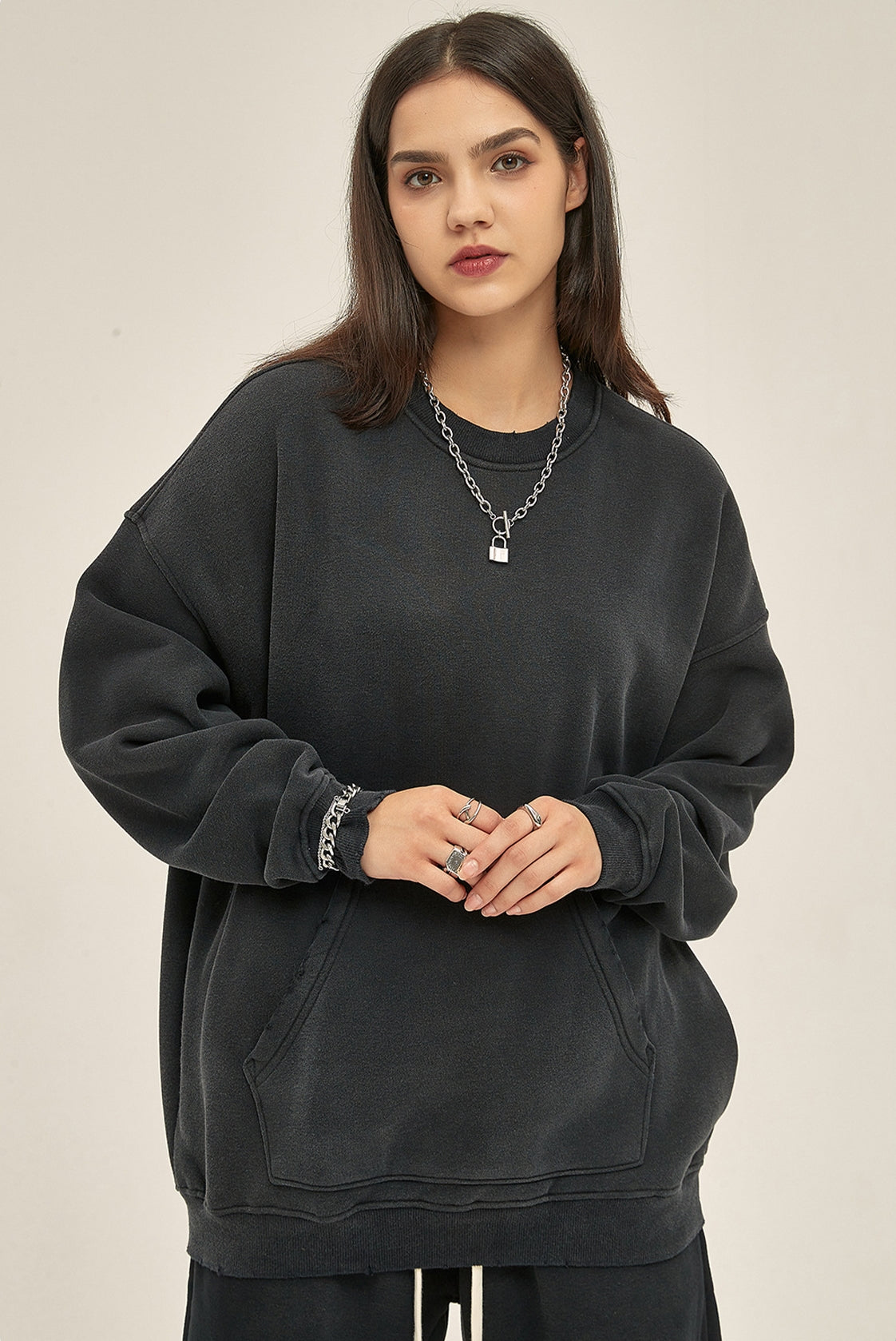 Fleece Linning Spray-dye Damage Oversize Sweatshirt WN9967