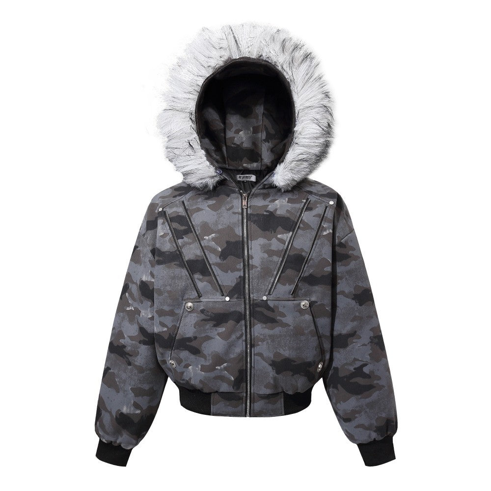 Camouflage Fake Fur Collar Multi-Zipper Short Puffer Jacket WN27891