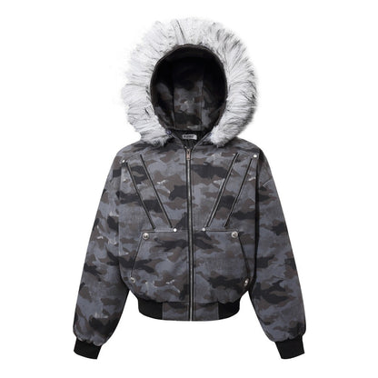 Camouflage Fake Fur Collar Multi-Zipper Short Puffer Jacket WN27891