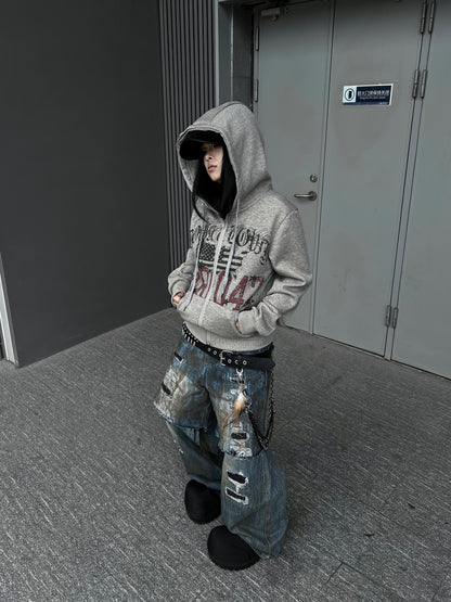 Damage Letter Print Fleece Lining Zipper Hoodie WN24208