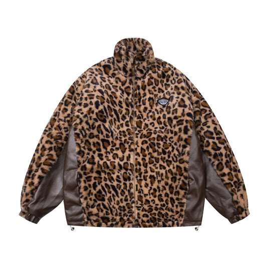 Leopard Print Pu Leather High-Necked Padded Jacket WN11554