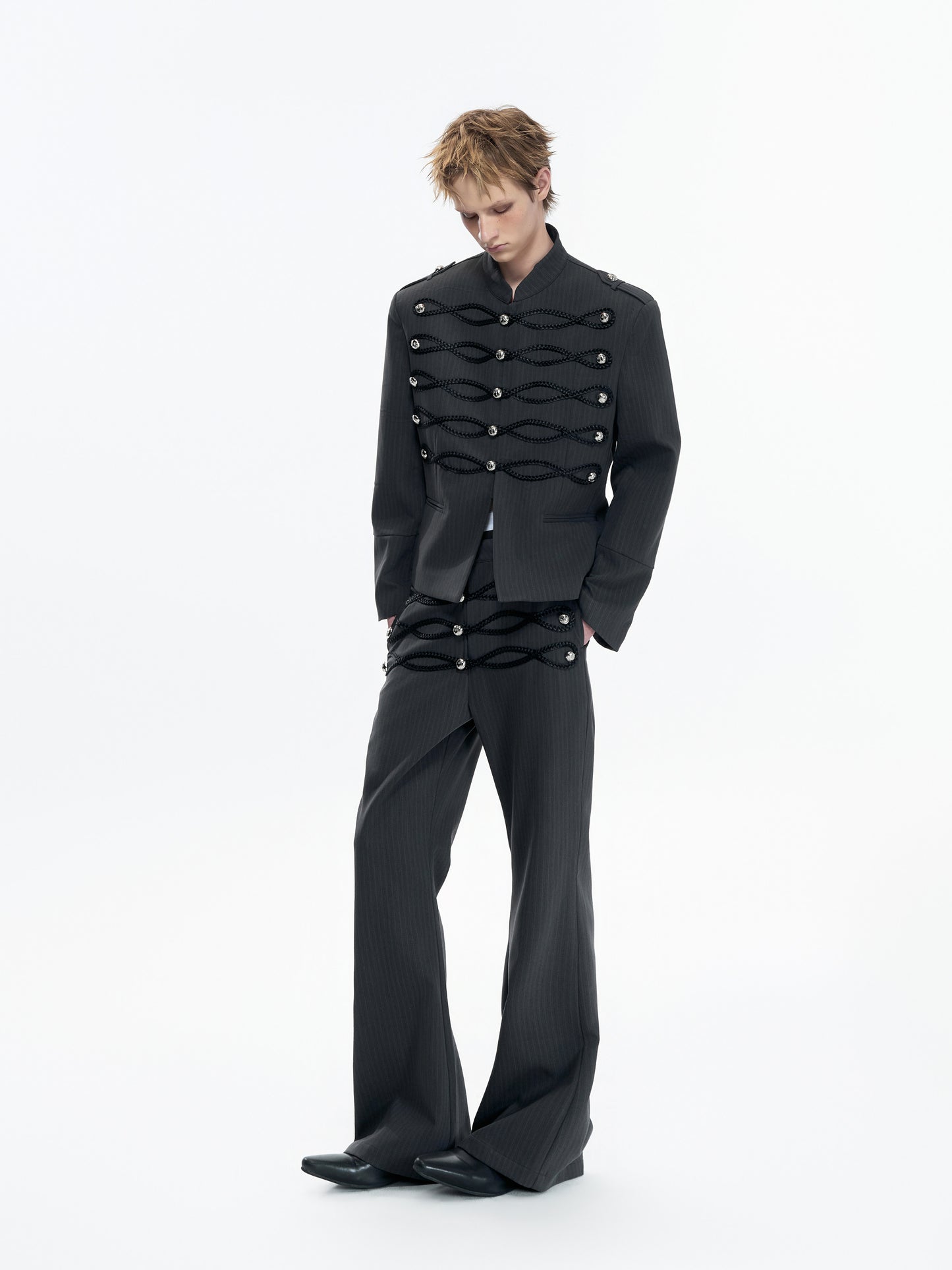 Leather Weave Metal Button Stripe Flare Trousers WN23556