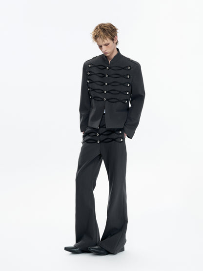 Leather Weave Metal Button Stripe Flare Trousers WN23556