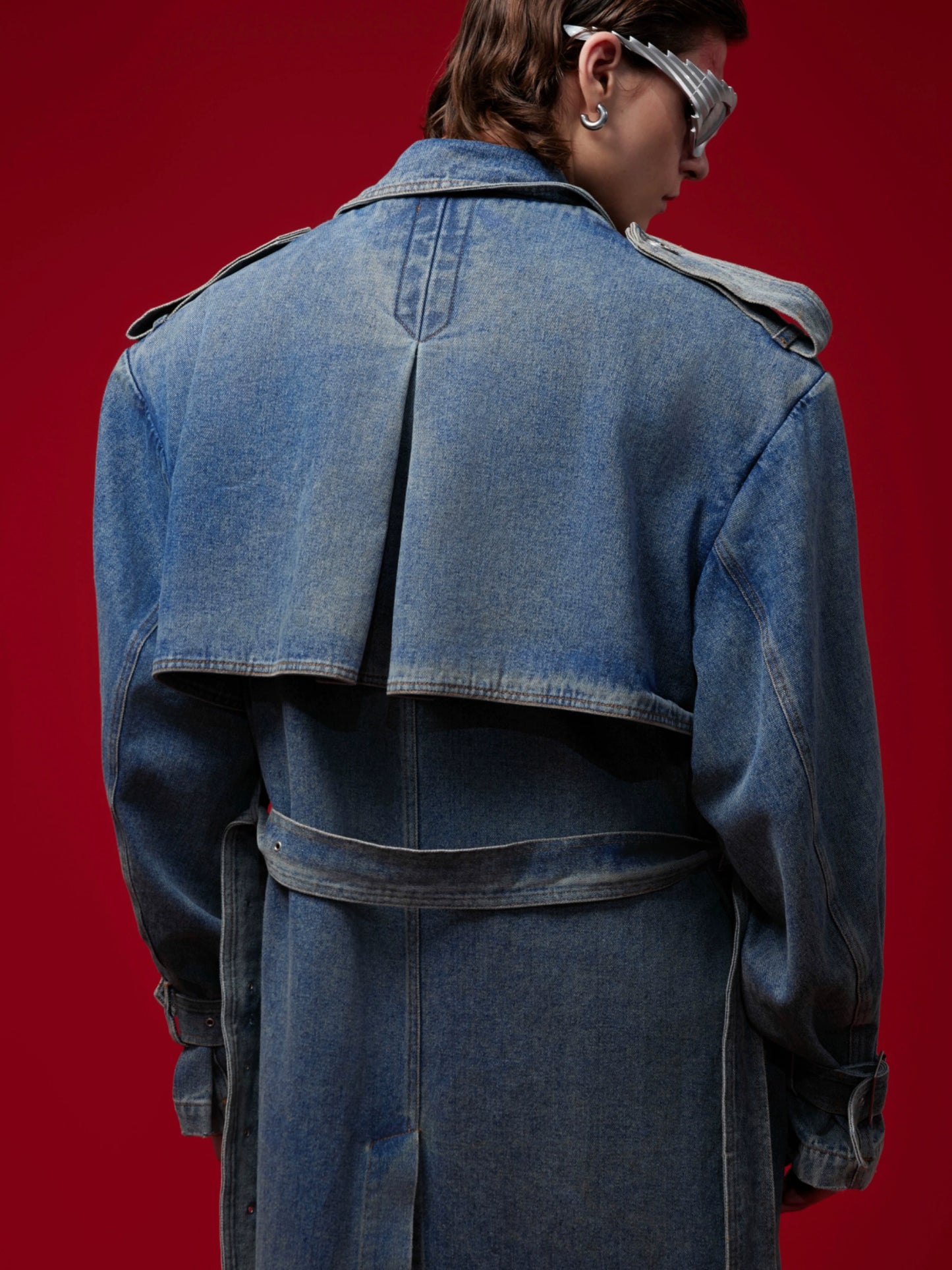 Washed Double Breasted Long Denim Coat WN8684