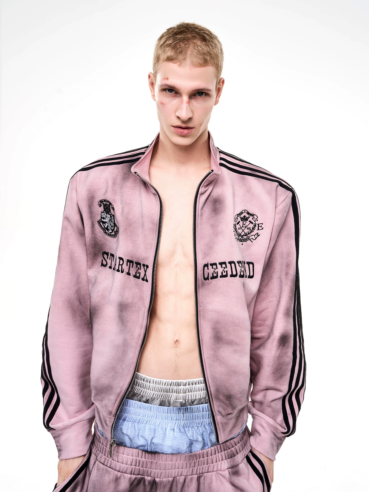 Four-Bar Spray Damage Stand Neck Zopper Jacket & Wide Leg Pants Set WN21811