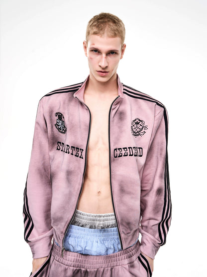 Four-Bar Spray Damage Stand Neck Zopper Jacket & Wide Leg Pants Set WN21811