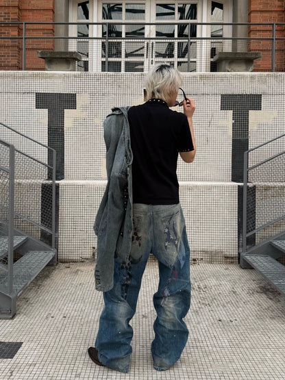 Wide Leg Damage Washed Denim Jeans WN27183