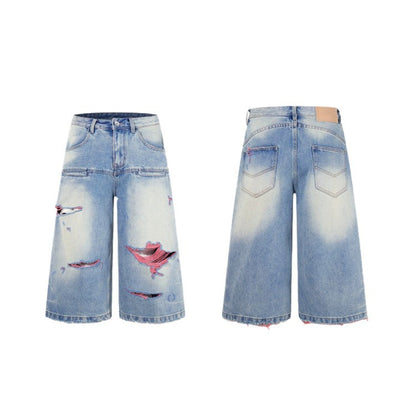 Washed Damage Graphic Denim Half Jeans WN28002