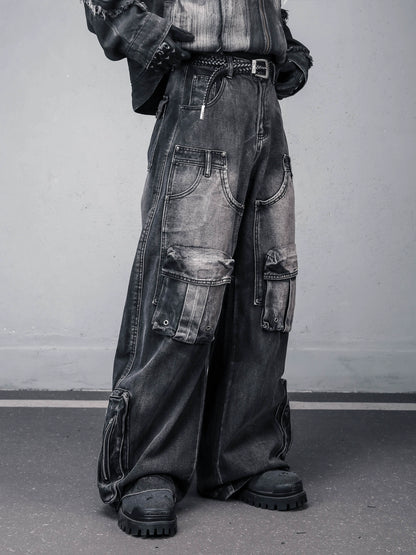 Washed Multi-Pocket Deconstruct Wide Leg Denim Jeans WN22431