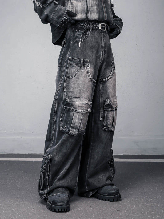 Washed Multi-Pocket Deconstruct Wide Leg Denim Jeans WN22431