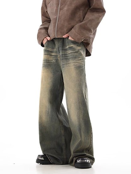 Yellow Mud Dyed Wash Wide-Leg Straight Denim Jeans WN10366