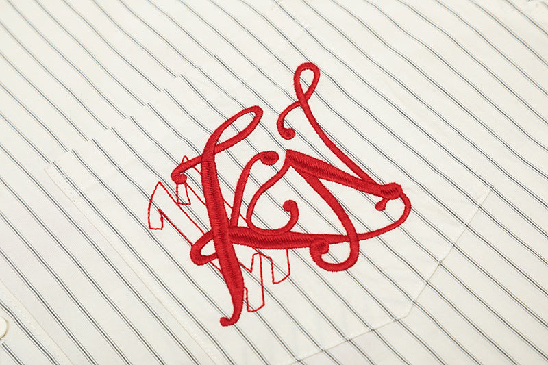 Embroidery Striped Turn-Down Collar Short Sleeve Shirt WN18537