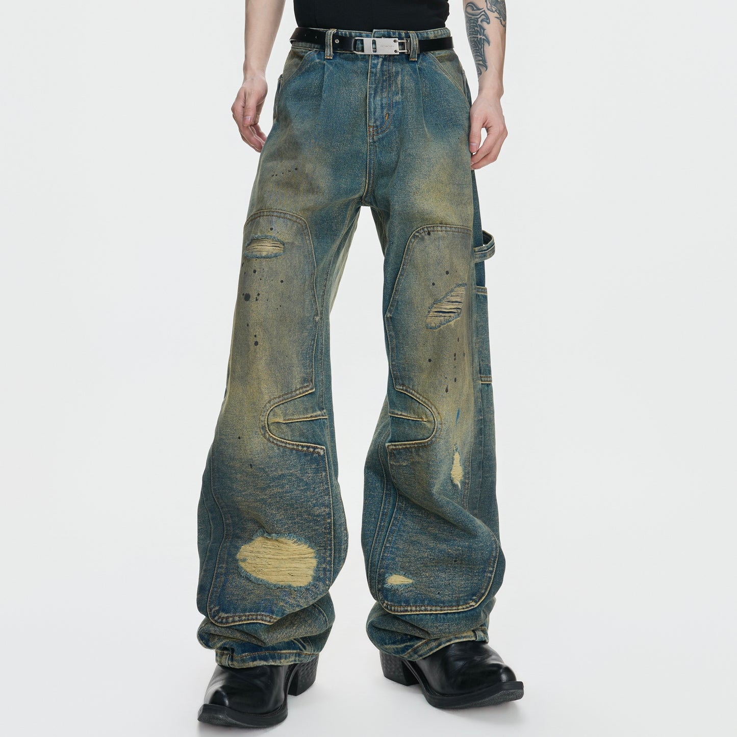 Heavyweight Washed Ripped Workwear Wide Leg Denim Jeans WN27006