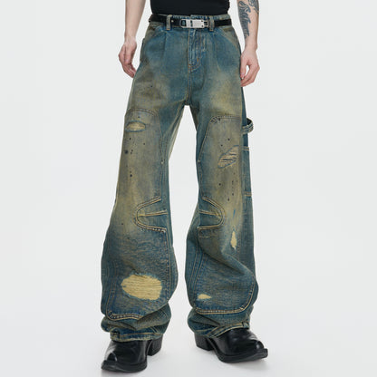 Heavyweight Washed Ripped Workwear Wide Leg Denim Jeans WN27006