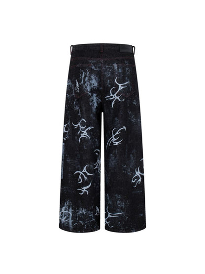 Graffiti Totem Print Wide Leg Denim Jeans WN27881