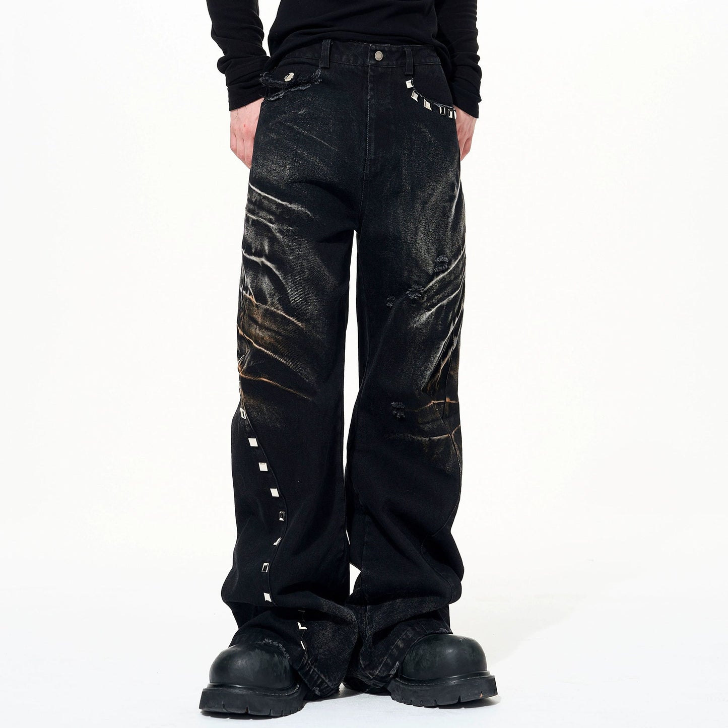 Washed Damage Metal Stud Wide Leg Denim Jeans WN22658