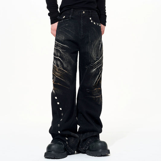 Washed Damage Metal Stud Wide Leg Denim Jeans WN22658