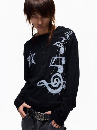 Henley Neck Fake Layered Music Note Print Long Sleeve T-Shirt WN27367