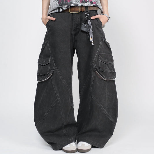 Washed Panel Seam Multi Pocket Wide Leg Denim Jeans WN24487