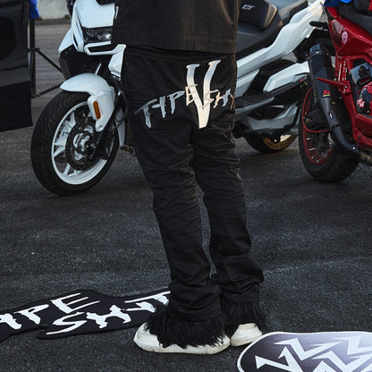 Embroidery Logo Short Sleeve Zipper Jacket & Straight Pants Setup WN21015