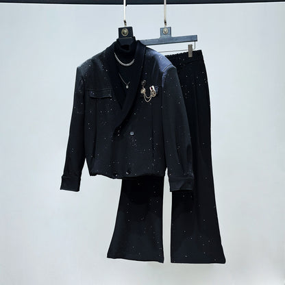 Foil Star Pattern Double Breasted Short Jacket & Flare Pants Setup WN23927