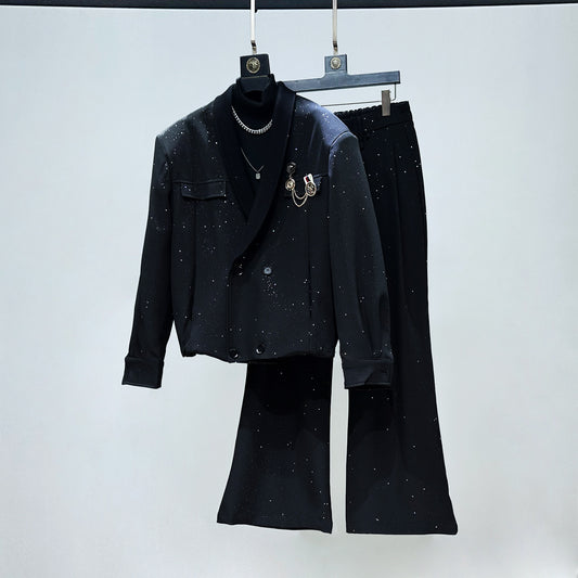 Foil Star Pattern Double Breasted Short Jacket & Flare Pants Setup WN23927