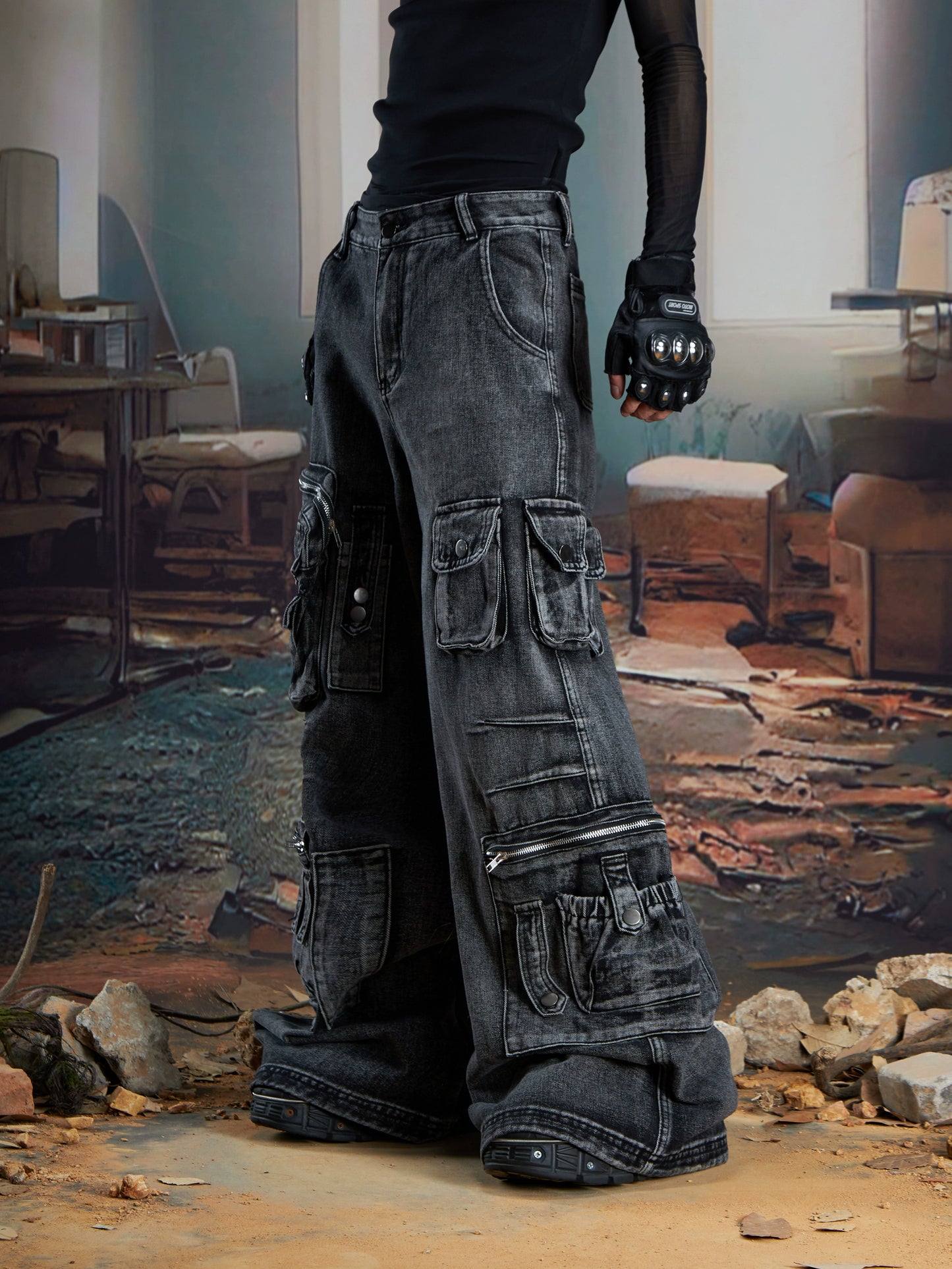 Multi-Pocket Washed Wide Leg Cargo Denim Jeans WN21341