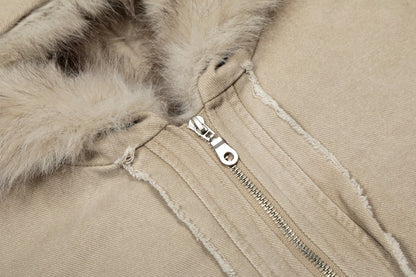 Fake Fur Collar Hooded Washed Canvas Puffer Jacket WN27836