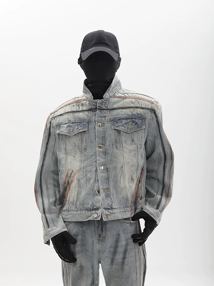 Washed Shoulder-Pad Denim Jacket ＆ Straight Denim Jeans Setup WN18655