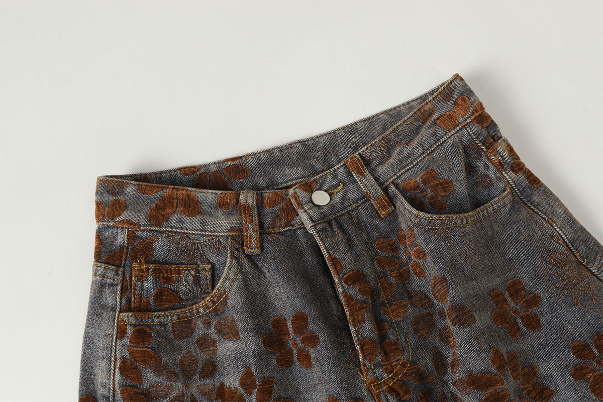 Flocked Wide Leg Curved Denim Jeans WN23031