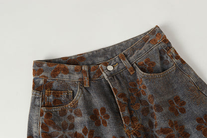 Flocked Wide Leg Curved Denim Jeans WN23031