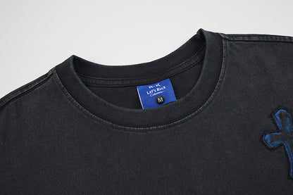 Washed Cross Applique Short Sleeve T-Shirt WN25439