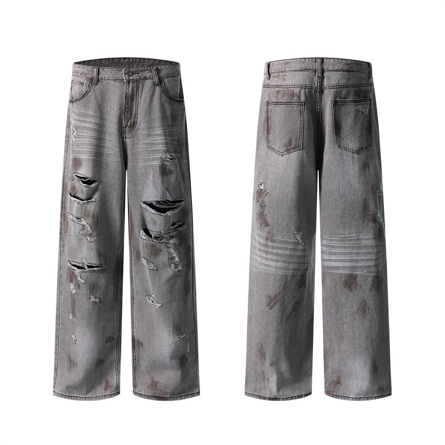 Dirty Washed Ripped Straight Leg Denim Jeans WN26829