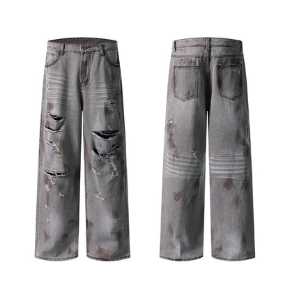 Dirty Washed Ripped Straight Leg Denim Jeans WN26829