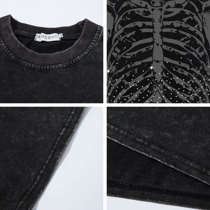 Washed Skeleton Print Oversize Short Sleeve T-Shirt WN26886