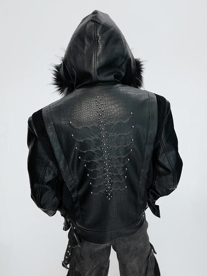 Fake Fur Collar PU Leather Hooded Heavyweight Puffer Jacket WN22618