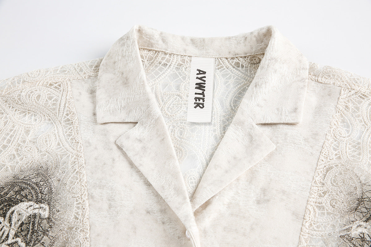 Graffiti Lace Cutout Short Sleeve Shirt WN16181