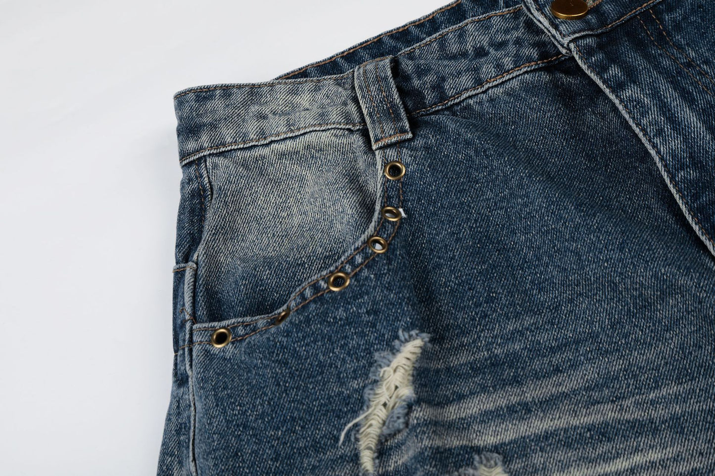 Wash Rivet Damage Wide Leg Denim Jeans WN25573