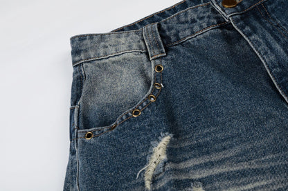 Wash Rivet Damage Wide Leg Denim Jeans WN25573