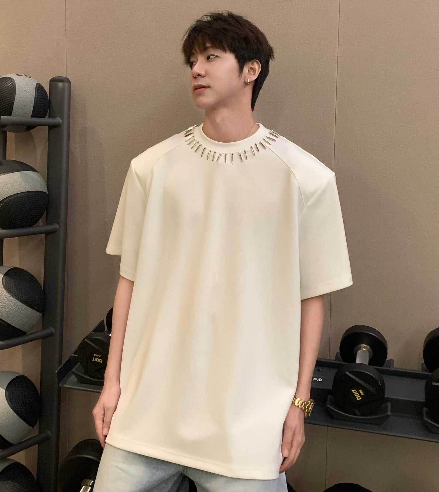 Metal Neckline Decoration Shoulder-pad Structured Short Sleeve T-Shirt WN25267